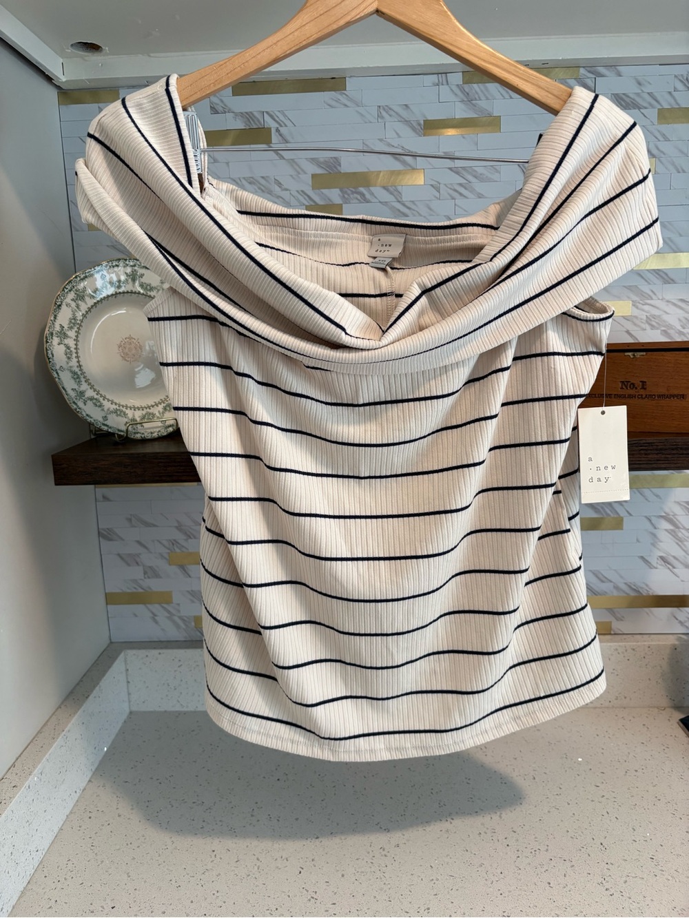 A New Day Off-Shoulder Ribbed Stripe Top. Cream, Navy Stripes. NWT